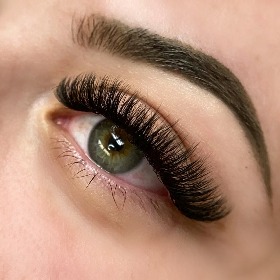 Volume lashes- Multiple lashes are applied to one single natural eyelash individually isolating one natural eyelash at a time using very thin lashes . 