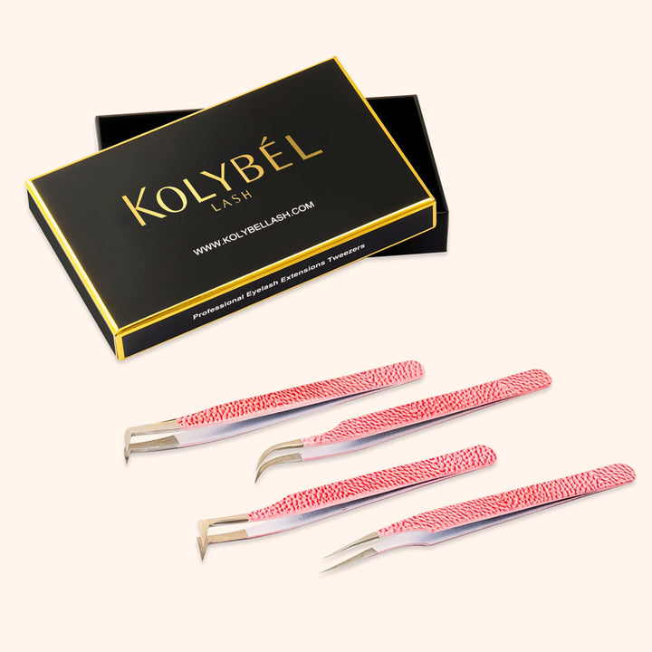Pink Leather Pattern Professional Eyelash Extensions Tweezers Kit-kolybel