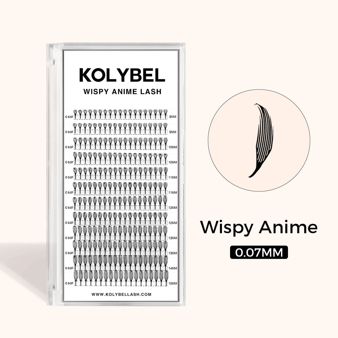 KOLYBEL 0.07mm Wispy Anime Lash Prefans, 12 rows ultra-light PBT lashes 50% lighter than regular fans. Pre-spiked design speeds up lash work, fills sparse lashes, creates sharp manga & cosplay eye looks, cruelty-free salon extensions with long shape retention.