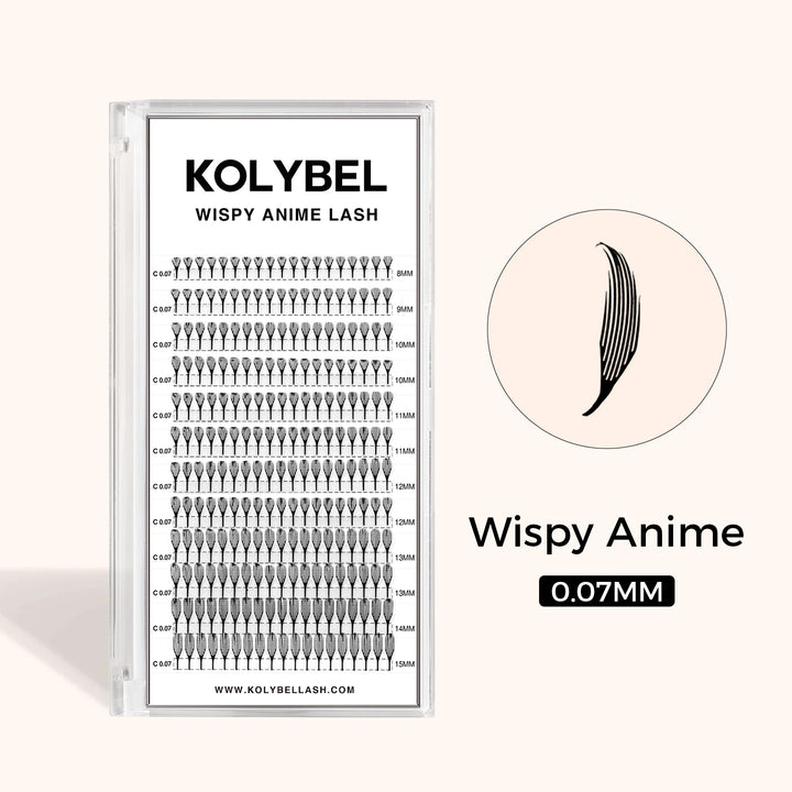 KOLYBEL 0.07mm Wispy Anime Lash Prefans, 12 rows ultra-light PBT lashes 50% lighter than regular fans. Pre-spiked design speeds up lash work, fills sparse lashes, creates sharp manga & cosplay eye looks, cruelty-free salon extensions with long shape retention.