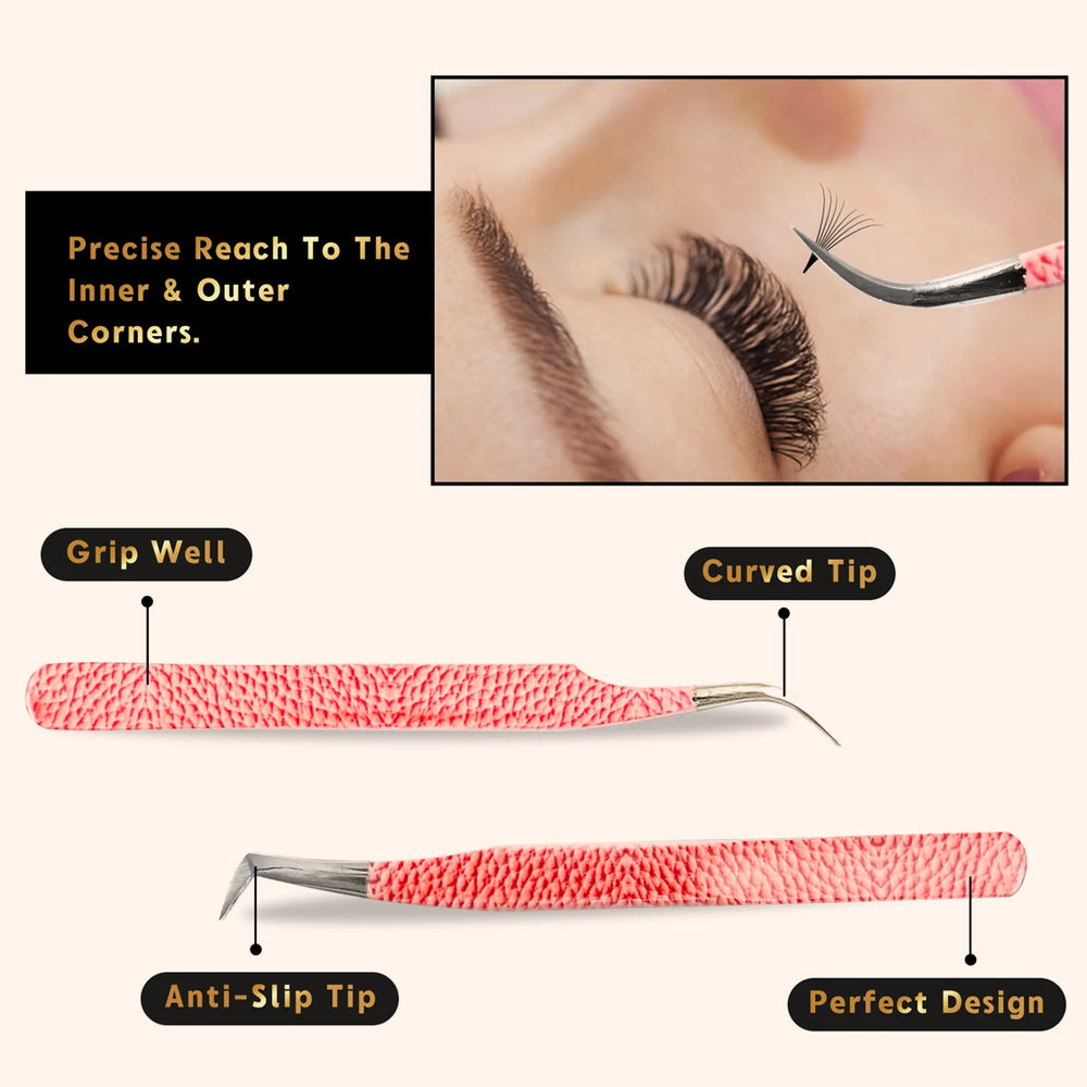 Pink Leather Pattern Professional Eyelash Extensions Tweezers Kit-kolybel