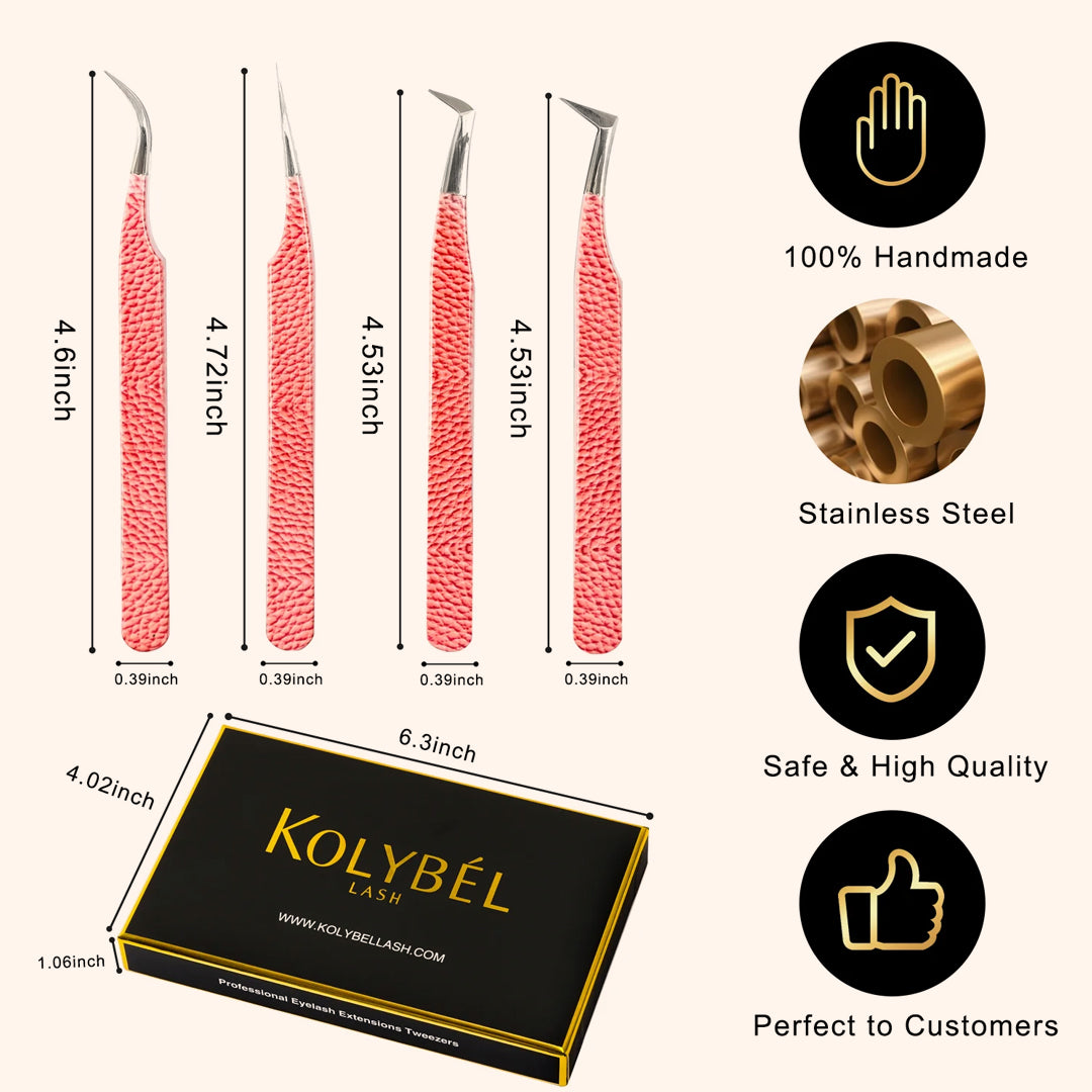 Pink Leather Pattern Professional Eyelash Extensions Tweezers Kit-kolybel
