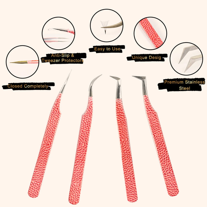Pink Leather Pattern Professional Eyelash Extensions Tweezers Kit-kolybel