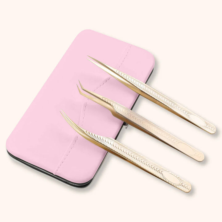 KOLYBEL Eyelash Extension Tweezers Set with Storage Case, precision volume & individual lash tweezers for salon lash artists. Stainless steel anti-slip design, durable portable case, pink & black two color options, professional lash grafting tool kit.