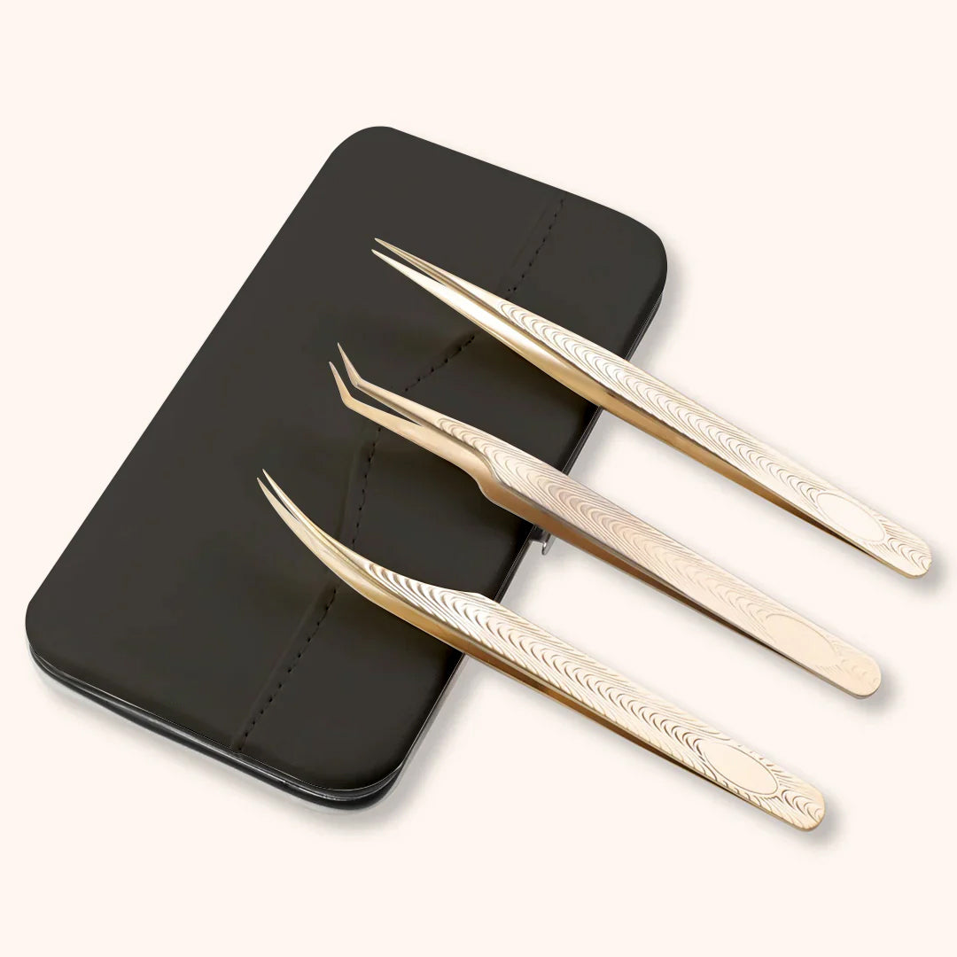 KOLYBEL Eyelash Extension Tweezers Set with Storage Case, precision volume & individual lash tweezers for salon lash artists. Stainless steel anti-slip design, durable portable case, pink & black two color options, professional lash grafting tool kit.