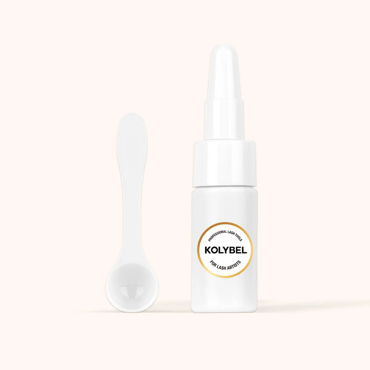 KOLYBEL Korean Lash Lift Mixing Powder, salon-grade perm strength adjuster. Modulate perm solution intensity, control processing time & reduce lash damage. Vegan & cruelty-free, supplied with measuring spoon for professional lash technicians. Unlabeled version shipping now.