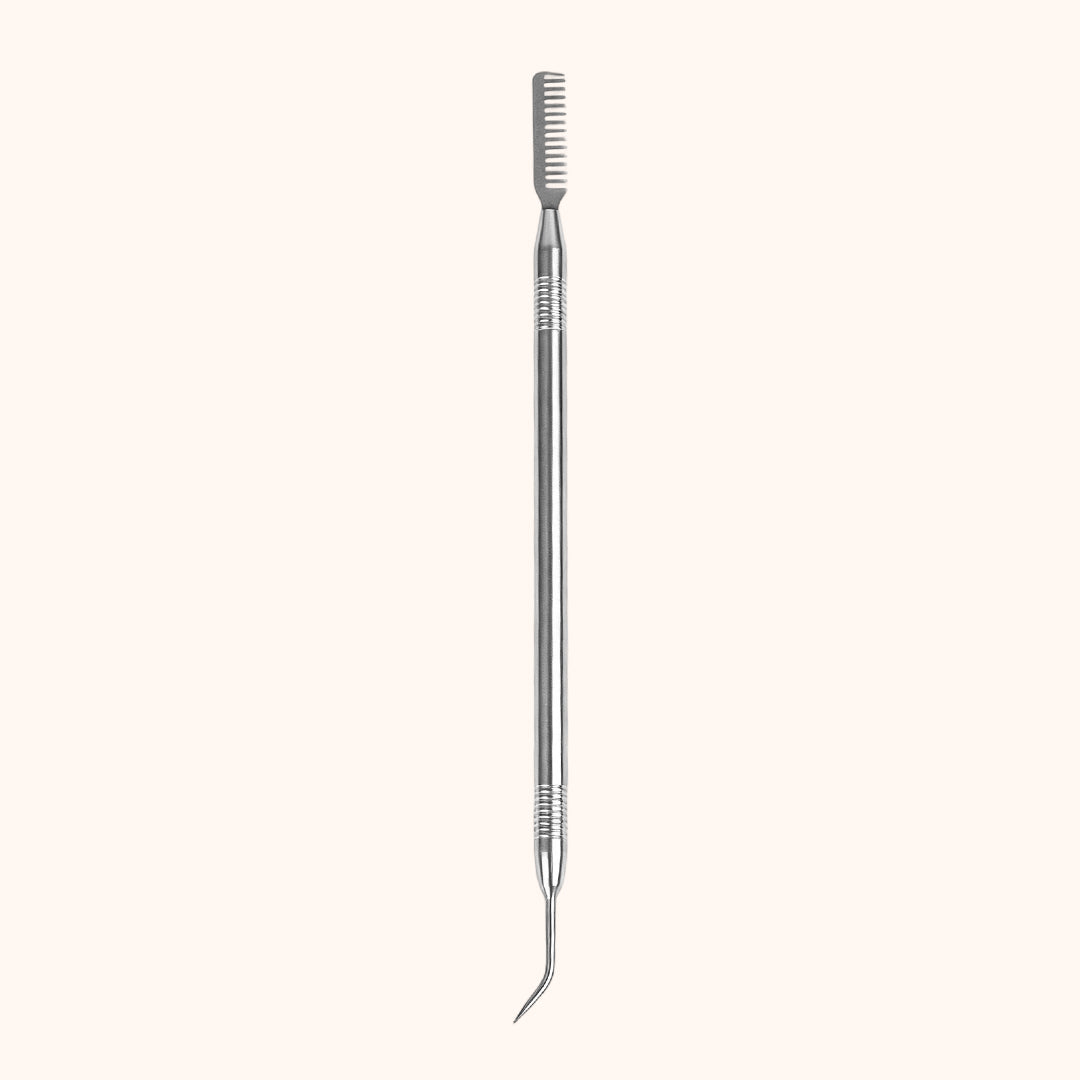 KOLYBEL professional dual-end lash lift separator with fine comb & curved hook. Premium stainless steel, for lash perming, lifting & positioning. 