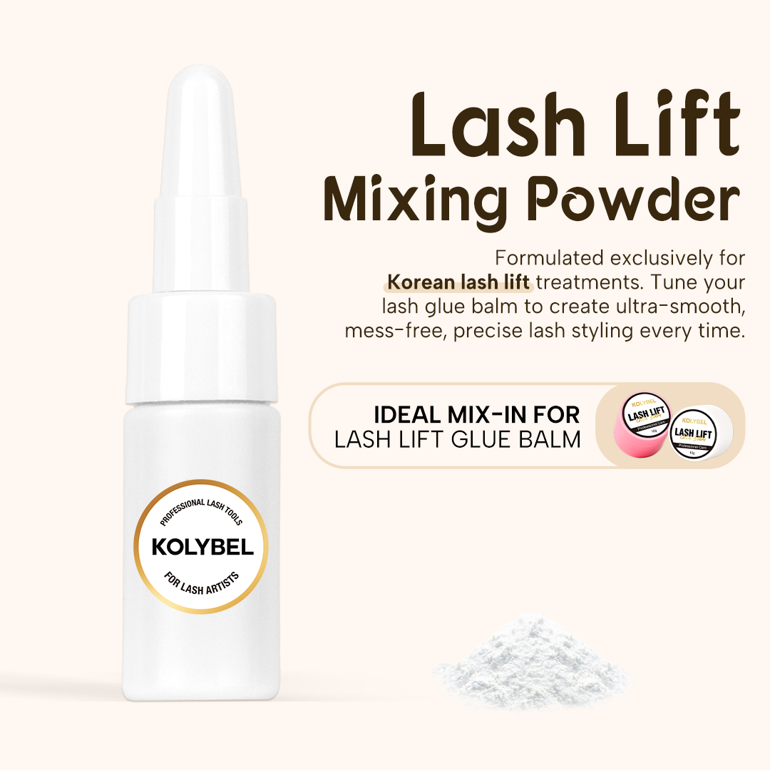 KOLYBEL Korean Lash Lift Mixing Powder, salon-grade perm strength adjuster. Modulate perm solution intensity, control processing time & reduce lash damage. Vegan & cruelty-free, supplied with measuring spoon for professional lash technicians. Unlabeled version shipping now.