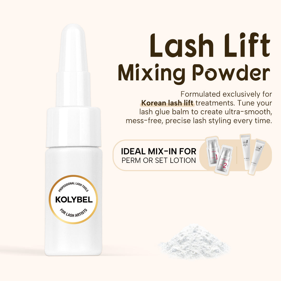 KOLYBEL Korean Lash Lift Mixing Powder, salon-grade perm strength adjuster. Modulate perm solution intensity, control processing time & reduce lash damage. Vegan & cruelty-free, supplied with measuring spoon for professional lash technicians. Unlabeled version shipping now.