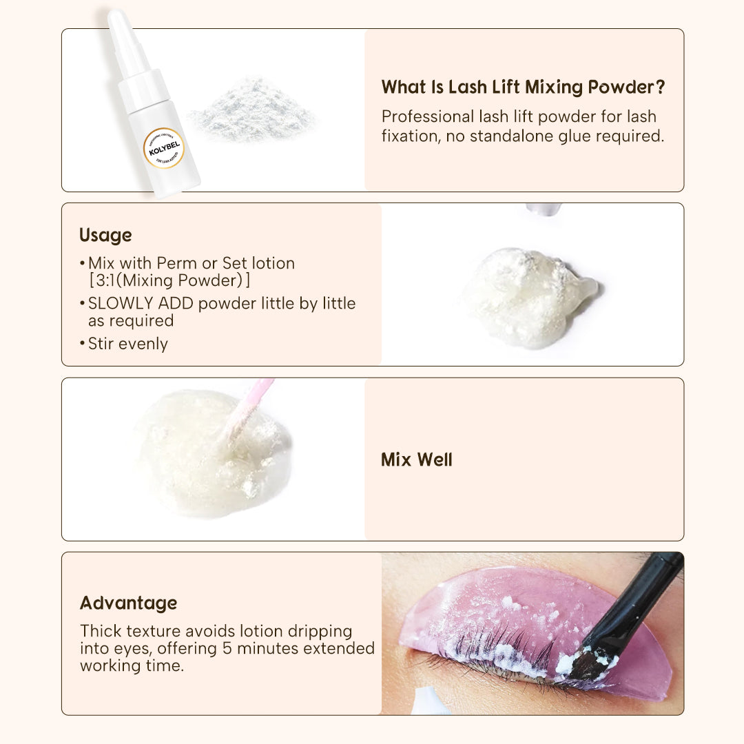 KOLYBEL Korean Lash Lift Mixing Powder, salon-grade perm strength adjuster. Modulate perm solution intensity, control processing time & reduce lash damage. Vegan & cruelty-free, supplied with measuring spoon for professional lash technicians. Unlabeled version shipping now.