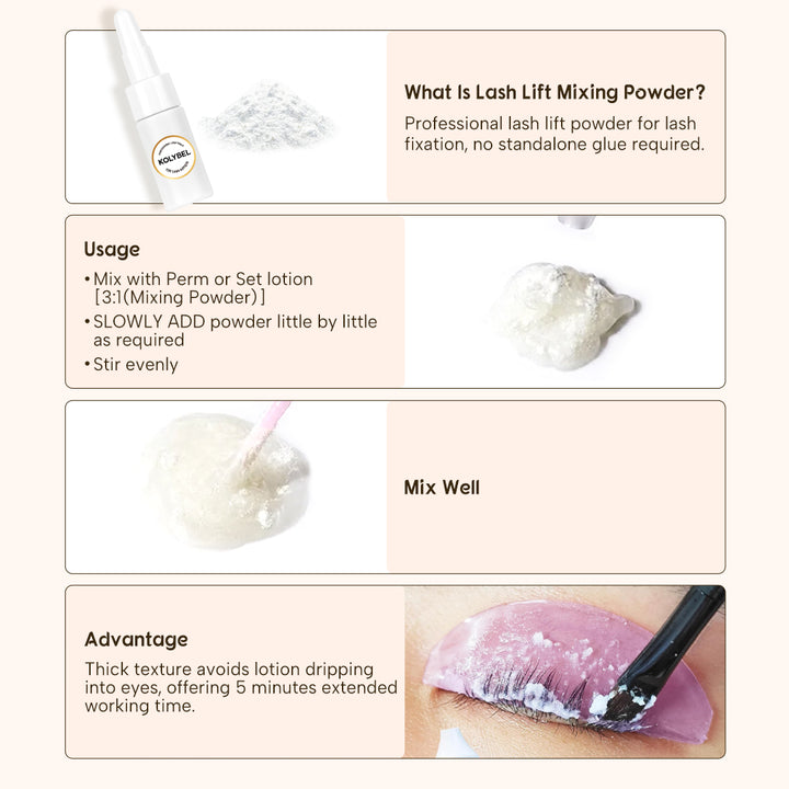 KOLYBEL Korean Lash Lift Mixing Powder, salon-grade perm strength adjuster. Modulate perm solution intensity, control processing time & reduce lash damage. Vegan & cruelty-free, supplied with measuring spoon for professional lash technicians. Unlabeled version shipping now.