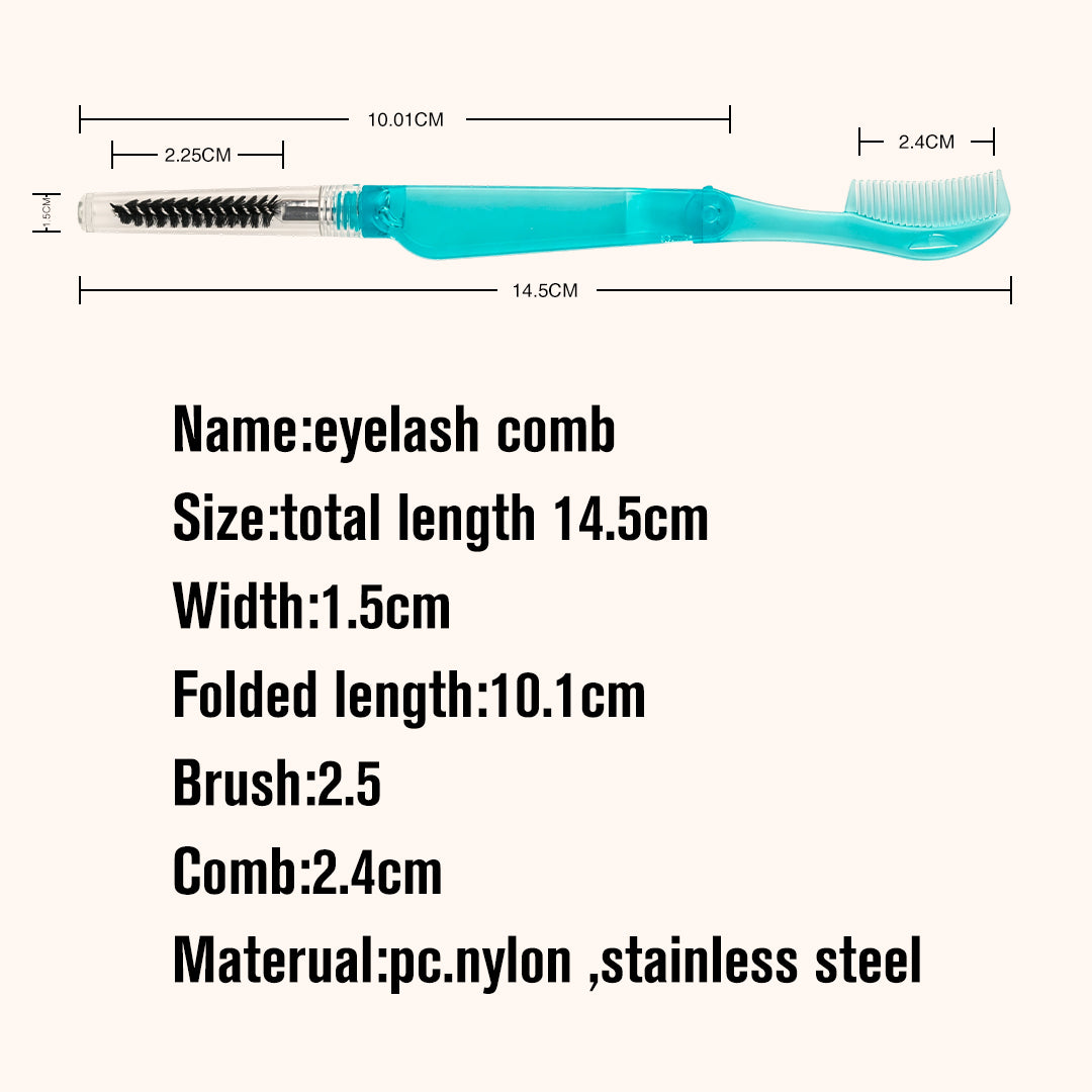 2-in-1 foldable eyelash comb and brow spoolie. Stainless steel teeth + nylon brush, portable design for lash extensions, brow grooming, daily makeup and salon use.