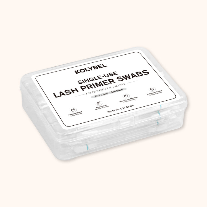 Single-use pre-dosed lash primer swabs. Gentle formula, boosts lash glue adhesion, individually sealed for hygienic professional eyelash extension prep.
