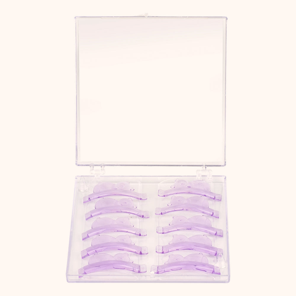 KOLYBEL 5 pairs reusable silicone lash lift shields with cute teddy bear design. 5 sizes for all eye shapes, soft snug fit, ideal for professional lash perm and lamination services.