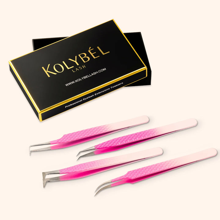 Ombre Pink-White Professional Eyelash Extensions Tweezers Kit-kolybel