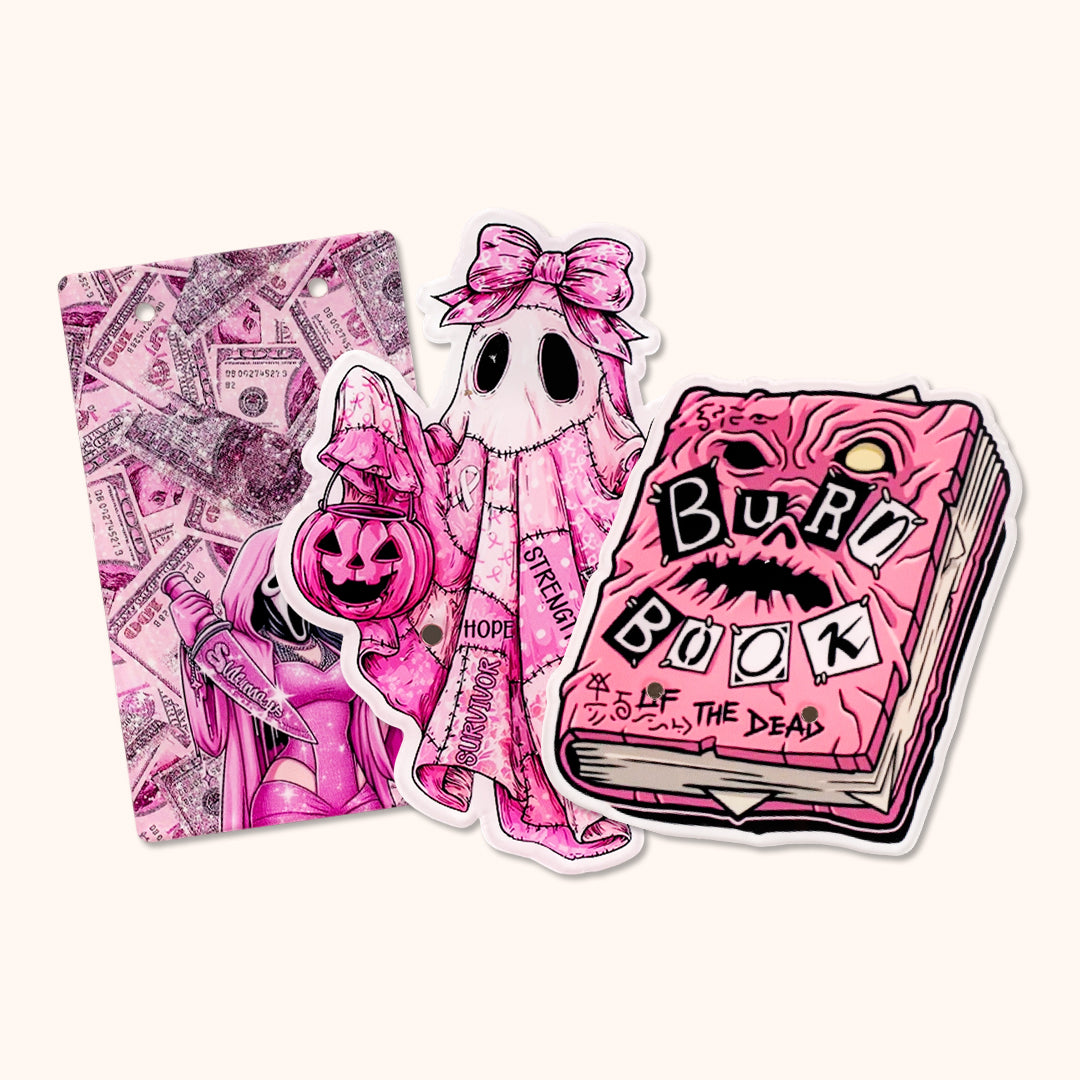 Spooky pink Halloween lash extension palettes. 3 designs: Robe Ghost, Knife Ghost, Book. Acrylic lash work board with built-in magnets for temporarily holding tweezers, festive salon decor for Halloween lash services.