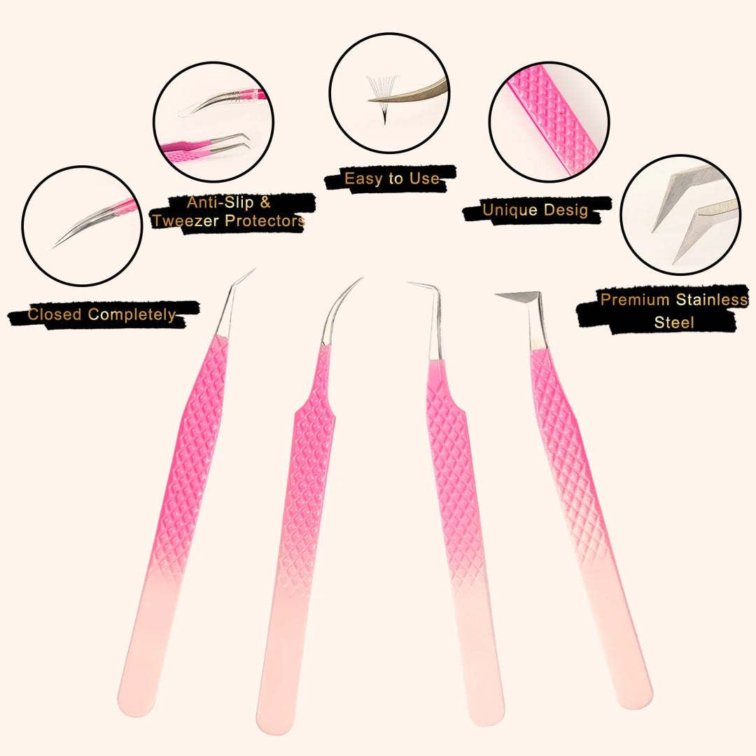 Ombre Pink-White Professional Eyelash Extensions Tweezers Kit-kolybel