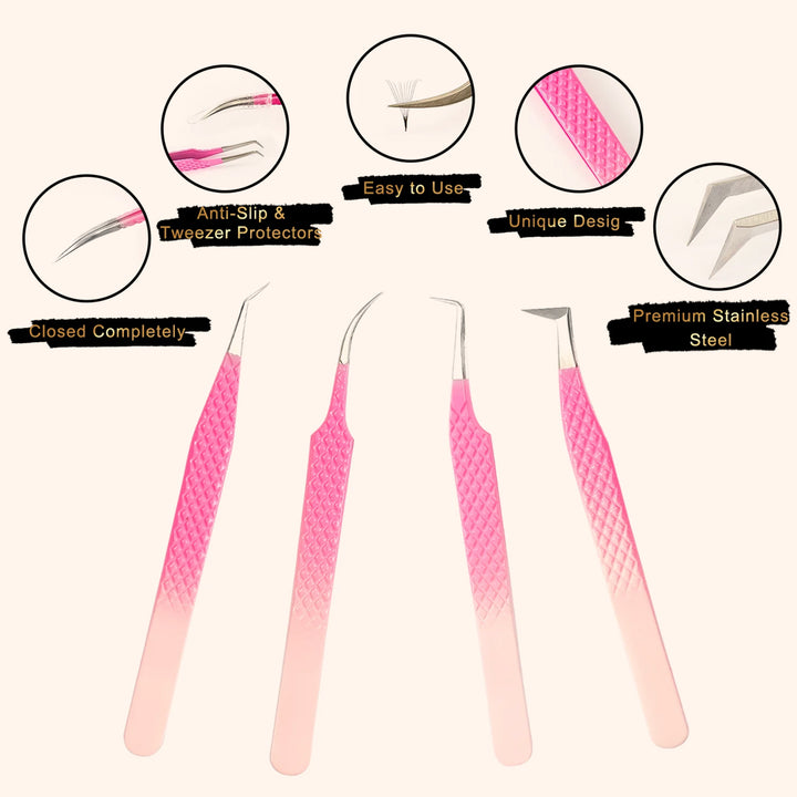Ombre Pink-White Professional Eyelash Extensions Tweezers Kit-kolybel