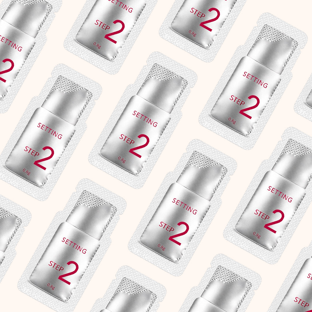 Professional 3-step keratin lash lift sachets in hygienic single-use packaging. Available in 5/10 packs with perm/setting/nourish options.