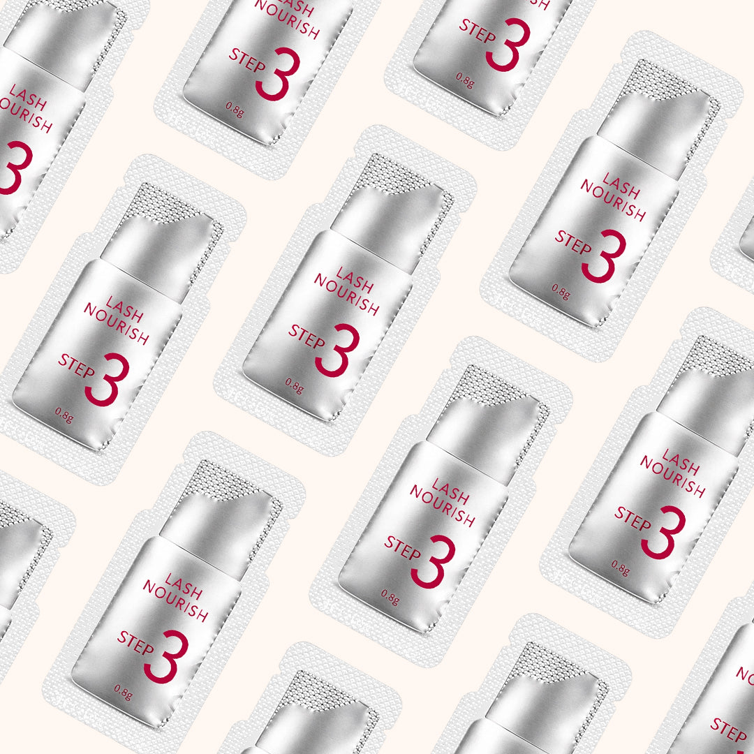 Professional 3-step keratin lash lift sachets in hygienic single-use packaging. Available in 5/10 packs with perm/setting/nourish options.