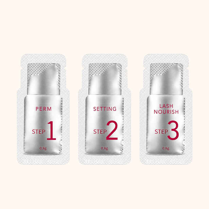 Professional 3-step keratin lash lift sachets in hygienic single-use packaging. Available in 5/10 packs with perm/setting/nourish options.